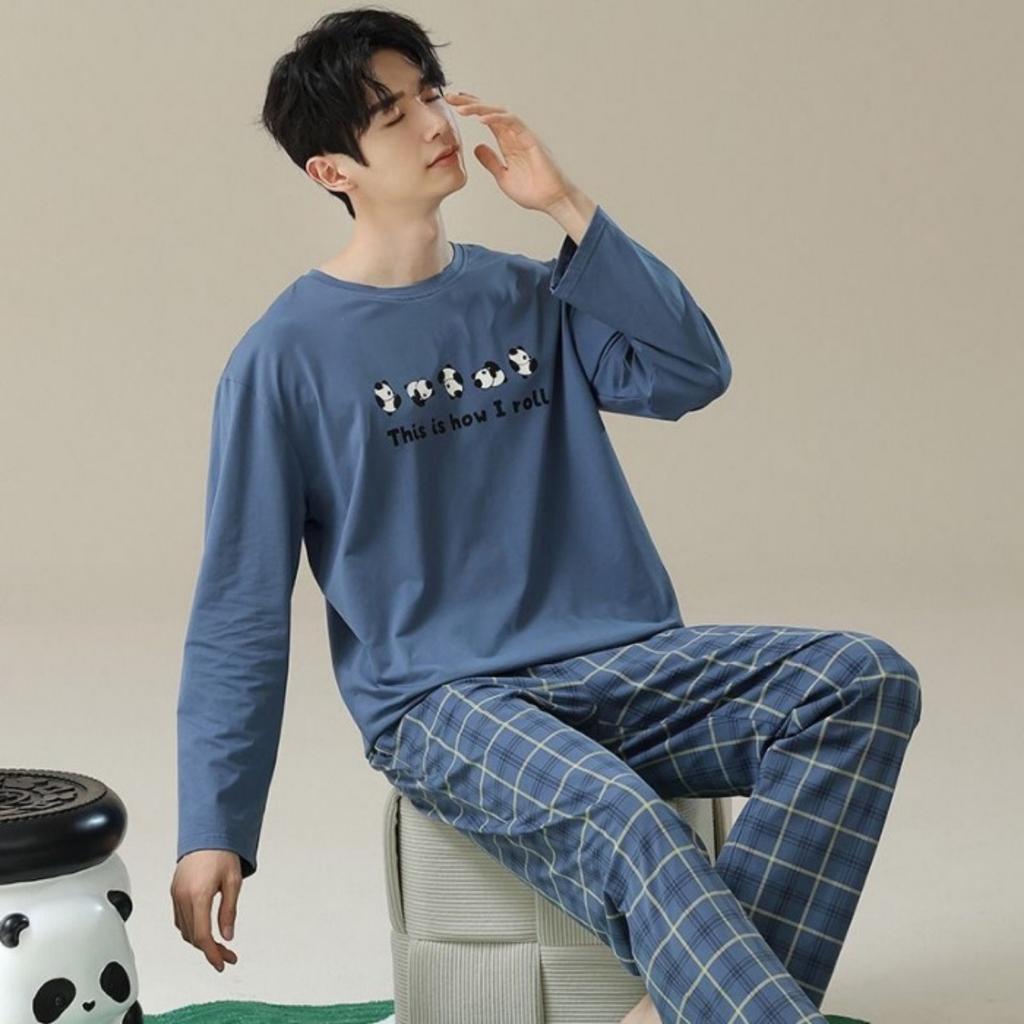 Pajamas Spring and Autumn Men's New Long Sleeve Outable Home Clothes Simple and Casual Large Set