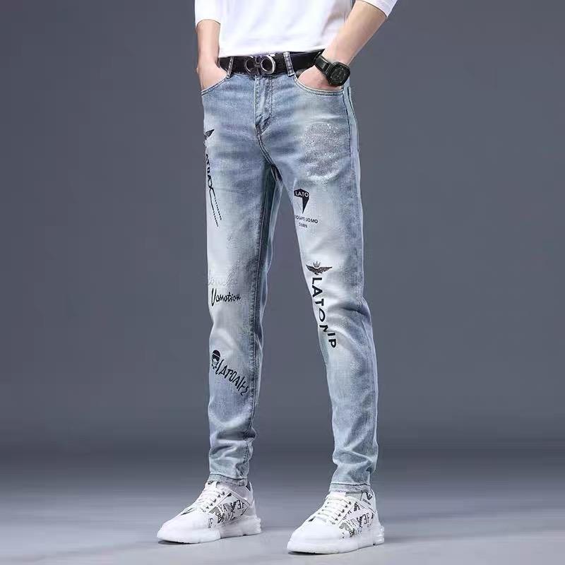 Мужская корейская версия повседневных эластичных узких серых джинсов с цветочным принтом для маленьких ног размера плюс