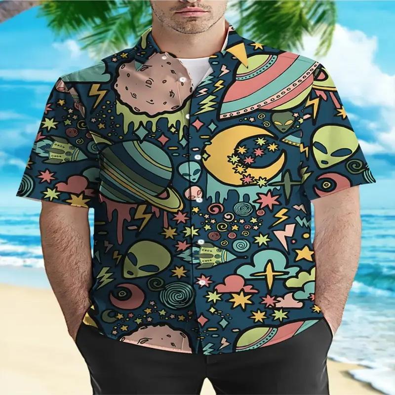Мужская модная рубашка с коротким рукавом и принтом «Планета инопланетян» из легкого полиэфирного волокна с воротником на пуговицах, подходящая для летней повседневной носки