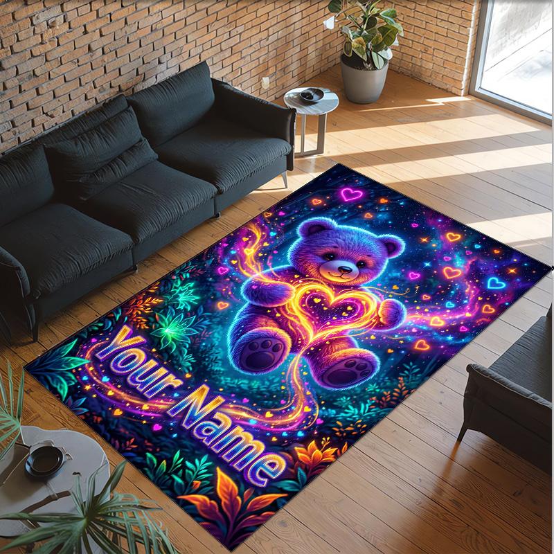 Teddy Bear Theme Crystal Velvet Rug Personalized Custom Name Text Soft Floor Mat Home Decor