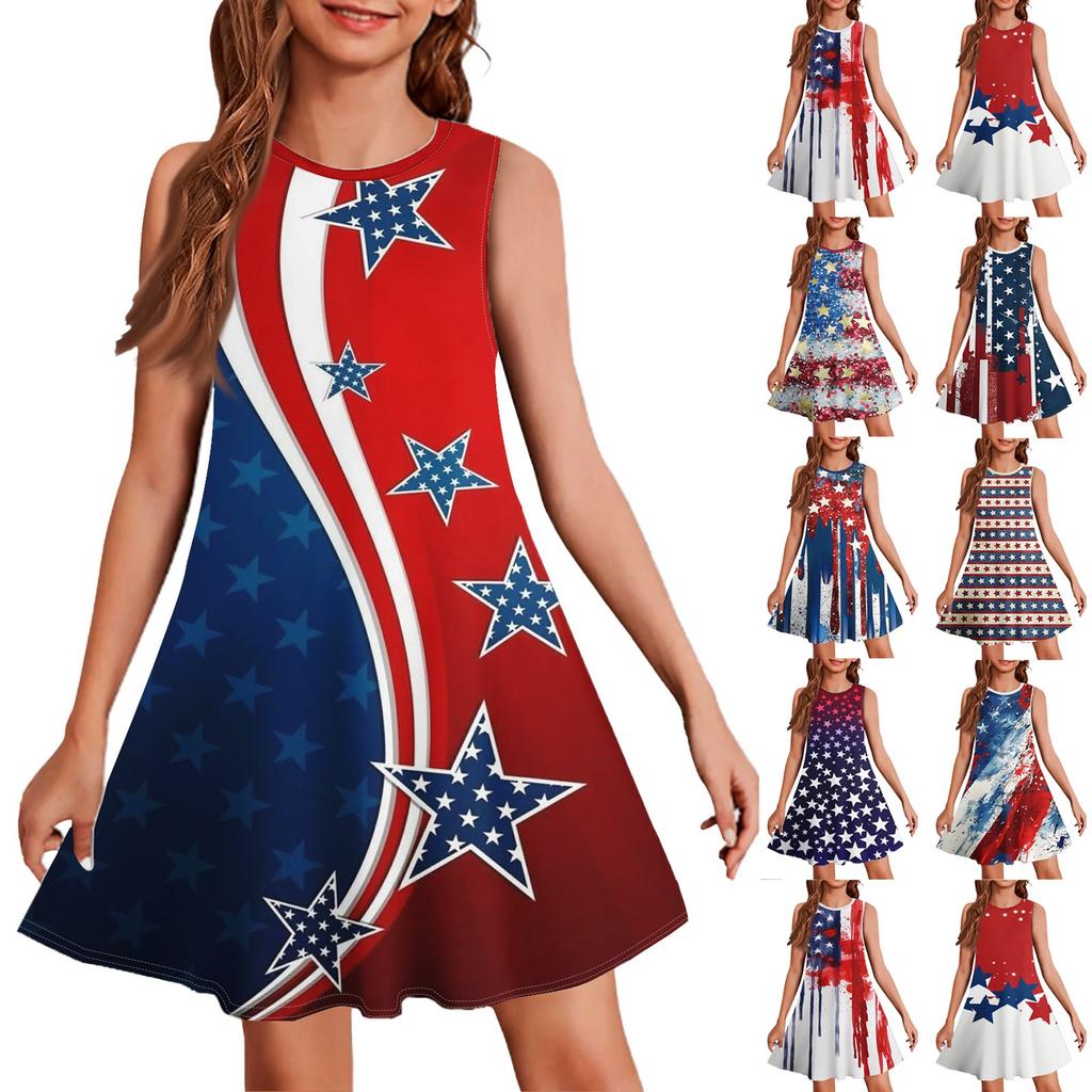 Girl Summer Dress Sleeveless Printed Color Casual Dress