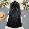 Autumn Women Vintage Black Beading Mesh Velvet Patchwork Party Dresses