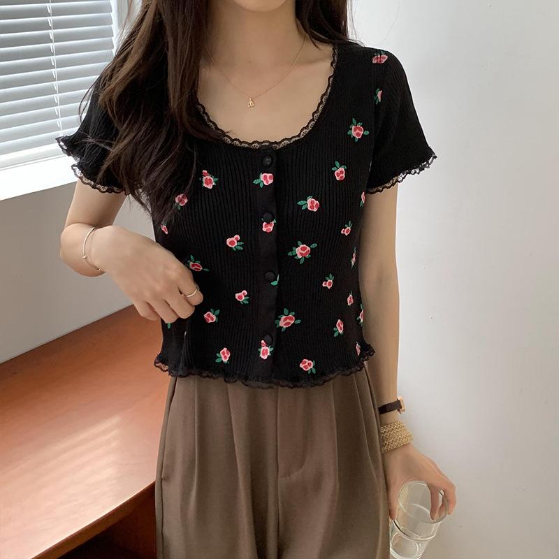 Футболка с короткими рукавами в стиле ретро, женская, летняя, нежная, с мелкими цветами, с открытым пупком, повседневная, удобная, в стиле Slim Fit, пуловеры, футболки