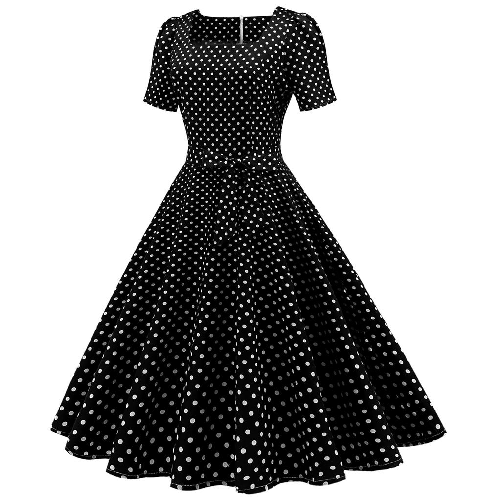 Retro Women's Square Neck Short Sleeve Polka Dot Print Lace Up Waist Big Swing Dress