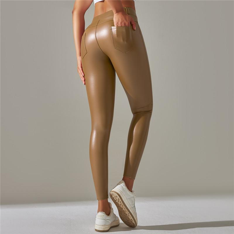 Женские модные леггинсы из искусственной кожи с высокой талией, однотонные облегающие штаны для йоги