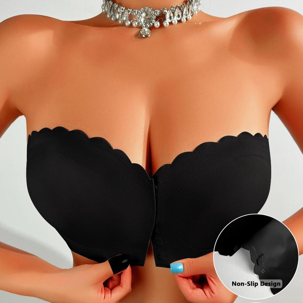 Бесшовный бюстгальтер пуш-ап без бретелей с застежкой спереди и волнистым краем