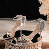 Luxurious Rhinestone Bow Sequin High Heel Sandals Thin Heel Silver Champagne Banquet Wedding Shoes for Women Pumps