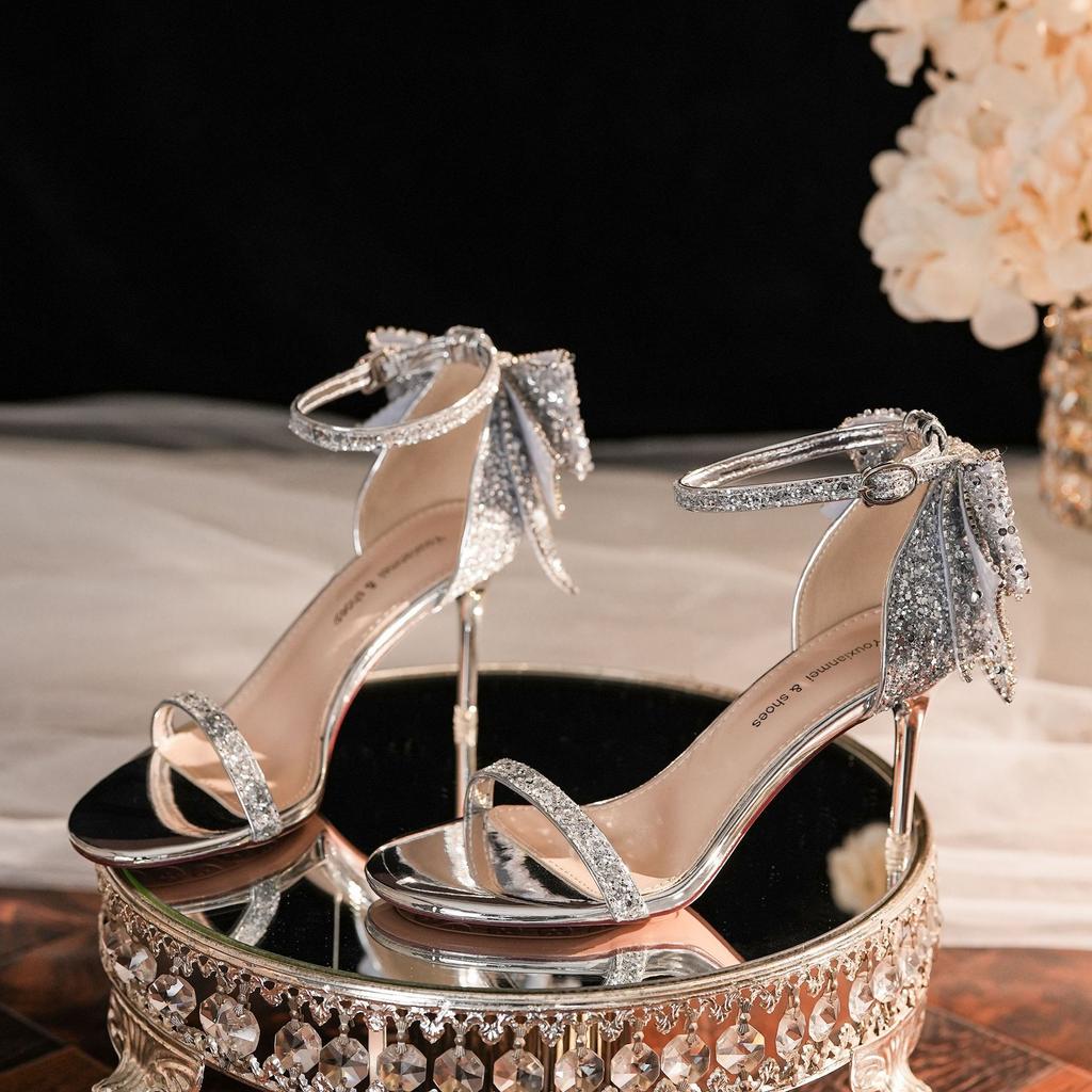Luxurious Rhinestone Bow Sequin High Heel Sandals Thin Heel Silver Champagne Banquet Wedding Shoes for Women Pumps