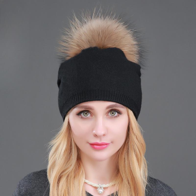 Осенне-зимние вязаные шерстяные шапки для женщин, модные шапки с помпоном, меховая шапка, женские теплые шапки с натуральным мехом енота