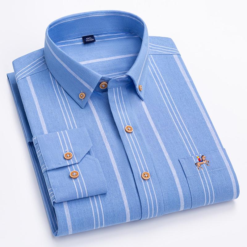 New Cotton Oxford Long Sleeve Business Men Striped Shirts Regular Fit Logo Male Casual Plaid Shirts with Front Pocket