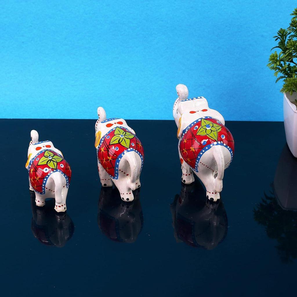 Paper Mache Handcrafted Set of 3 Elephant Action Showpiece Idols for Home Decor and Gift Purpose(White)