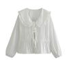 Летняя повседневная рубашка с лацканами-фонариками и длинными рукавами на шнуровке, однотонная рубашка с рюшами по низу, свободная посадка, женская рубашка, топы