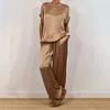 Women's Satin Silky Two-Piece Set Casual Crew Neck Short Sleeve Top Wide Leg Pants Set Loose Loungewear Outfit for Spring Summer