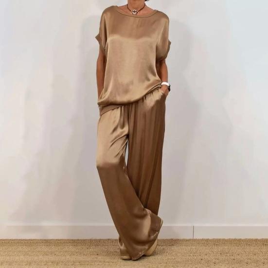 Women's Satin Silky Two-Piece Set Casual Crew Neck Short Sleeve Top Wide Leg Pants Set Loose Loungewear Outfit for Spring Summer