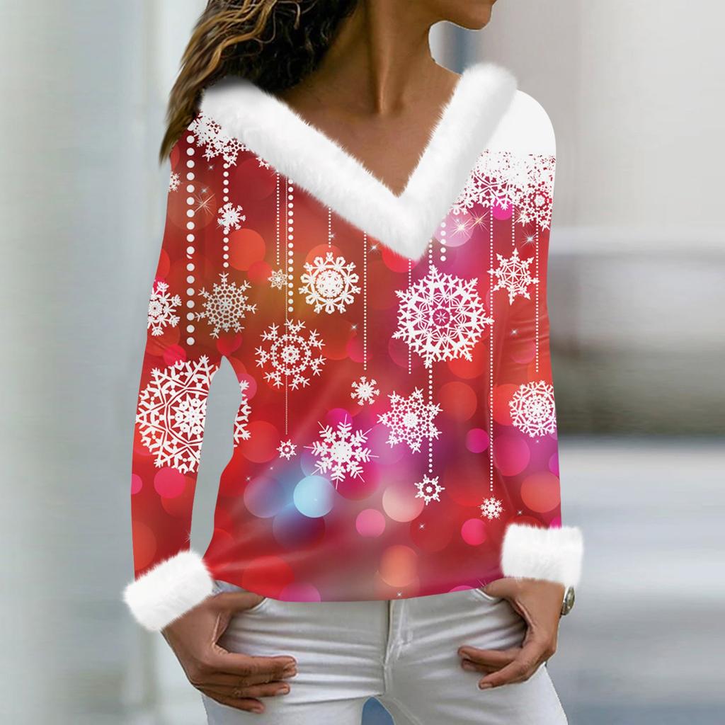 Women's Fashion Casual Long Sleeve V-Neck Christmas Printed Plush Top
