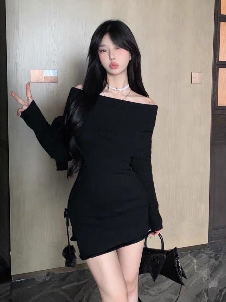 Сплошной свитер с открытыми плечами и милым бантом для женщин, трикотажные тонкие элегантные топы Y2k, женские корейские модные повседневные пуловеры 2024