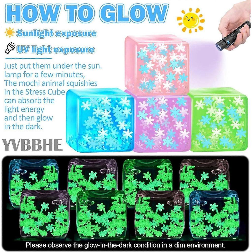 4 Pack Squeeze Cube with Glow in The Dark Snowflakes Inside, Squishy Fidget Gummy Toys,Luminous Sensory Toys for Kids Autism,Maltose Balls for Anxiety