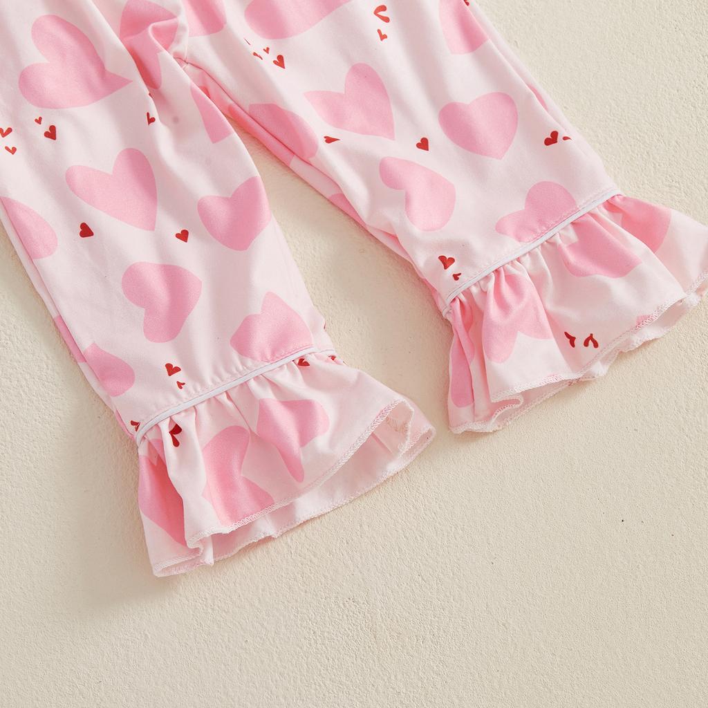 Kids Girls Pajamas Set Heart Print Long Sleeves Shirt and Elastic Pants for Loungewear Sleepwear