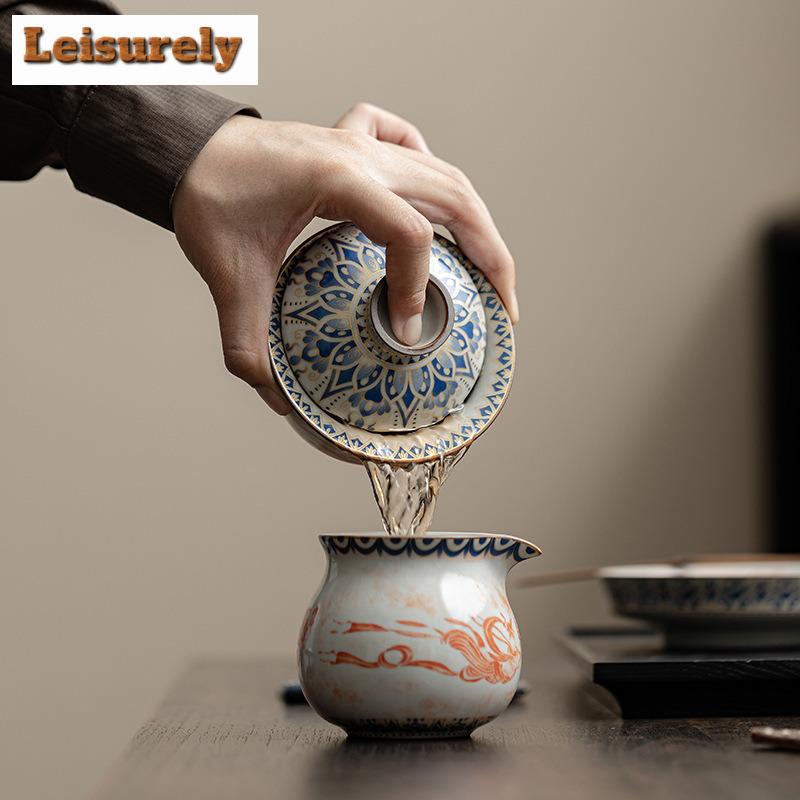 170ml Imitation Song Ru Kiln Gaiwan Elegant Dunhuang Apsaras Tea Tureen Tea Brewing Cover Bowl Tea Ceremony Supplies Ornaments