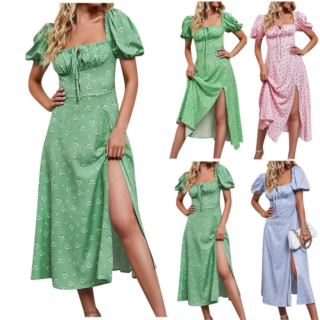 Women's Fashion Casual Sexy Printed Bubble Short-Sleeved Smocked Hem Split Dress