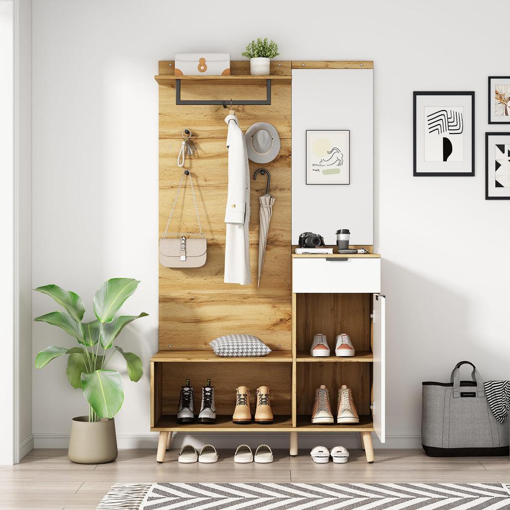 Комплект 190 см, Гардеробный набор Зеркало, Стильная банкетка для обуви, Шкаф для обуви, Ящик, Полка, Крючки для одежды, Настенная вешалка, Цвет дерева & Белый