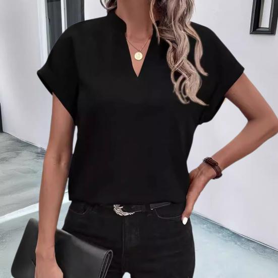 Women Summer Casual Shirt V-Neck Short Sleeve Loose Fit Pullover Tops Office Lady Simple Blouse Workwear