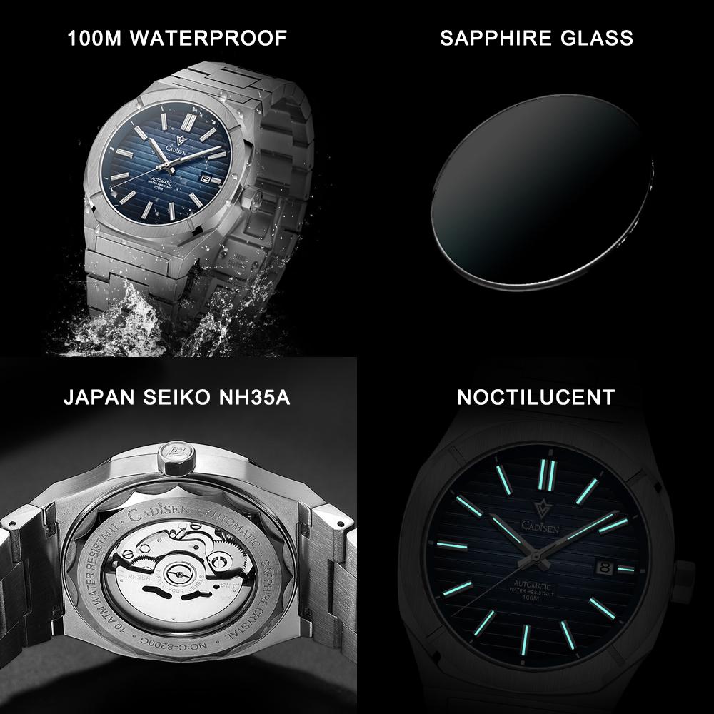 Cadisen 8200 Новые роскошные мужские часы высшего бренда с коробкой, водонепроницаемые 100 м NH35, автоматические мужские механические часы