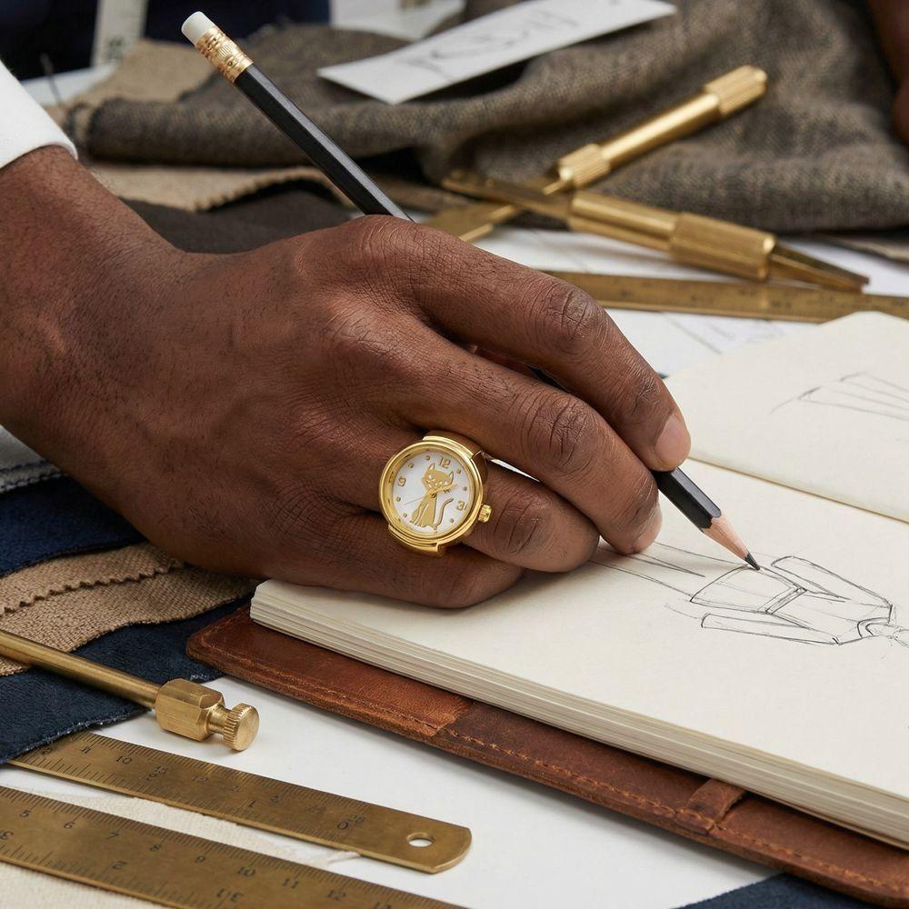 Круглые Кольцо-Часы Золотой Циферблат с Кошкой Punk Кварцевые Часы Аксессуары для Одежды