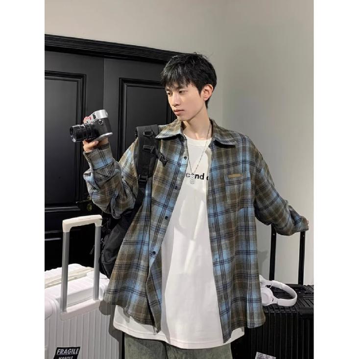 TGNS Trendy Spring Brushed Plaid Shirt Unisex Retro American Loose Casual Japanese Style Universal Couple Jacket
