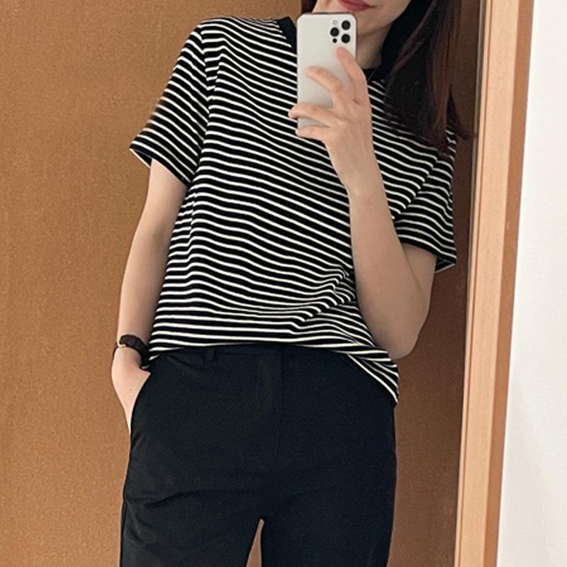 Pure Cotton Short Sleeve T-shirt with Black and White Stripes New Korean Version Round Neck Loose Thin All-match Blouse
