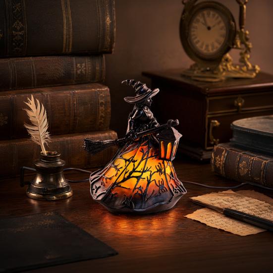 Yousheng Stained Glass Witch Hat Lamp, Handcrafted Retro Resin Witch Lamp, USB Powered Gothic Wizard Hats Night Light, Halloween Home Decor