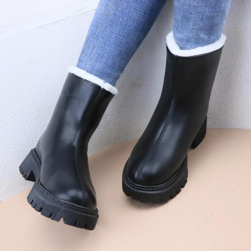 Ankle Square Heel Modern Boots Winter Round Toe Ladies Shoes On Sale 2024 New Mid Heel Solid Turned Over Edge Women's Boots