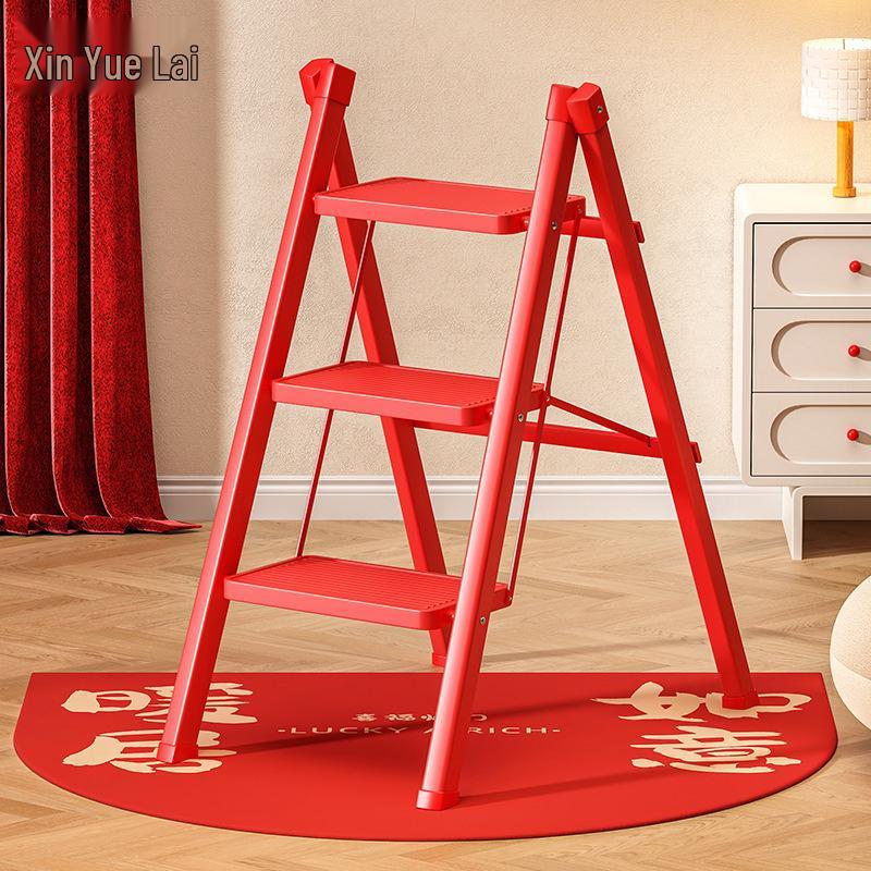 Four-Step Portable A-Frame Household Ladder - Red, Multifunctional & Foldable for Housewarming Gifts
