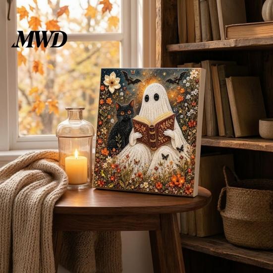 Pre Stretched Canvas Art Halloween Faux Pearl DIY Kit, Spooky Cute 3D Beads Painting Crafts Stress Relief Project for Adults Beginners, Seasonal Wall
