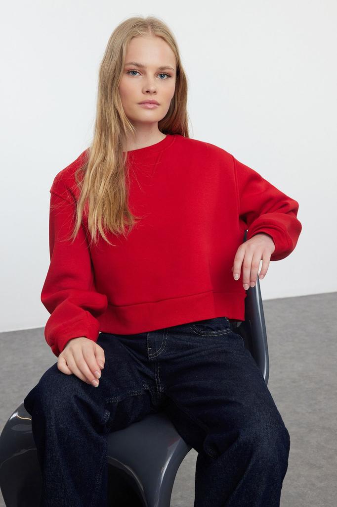 Women's Fashionable Stylish Sweatshirt Purple Thick Fleece Inside Relaxed Wide Fit Crop Basic Knitted Sweatshirt