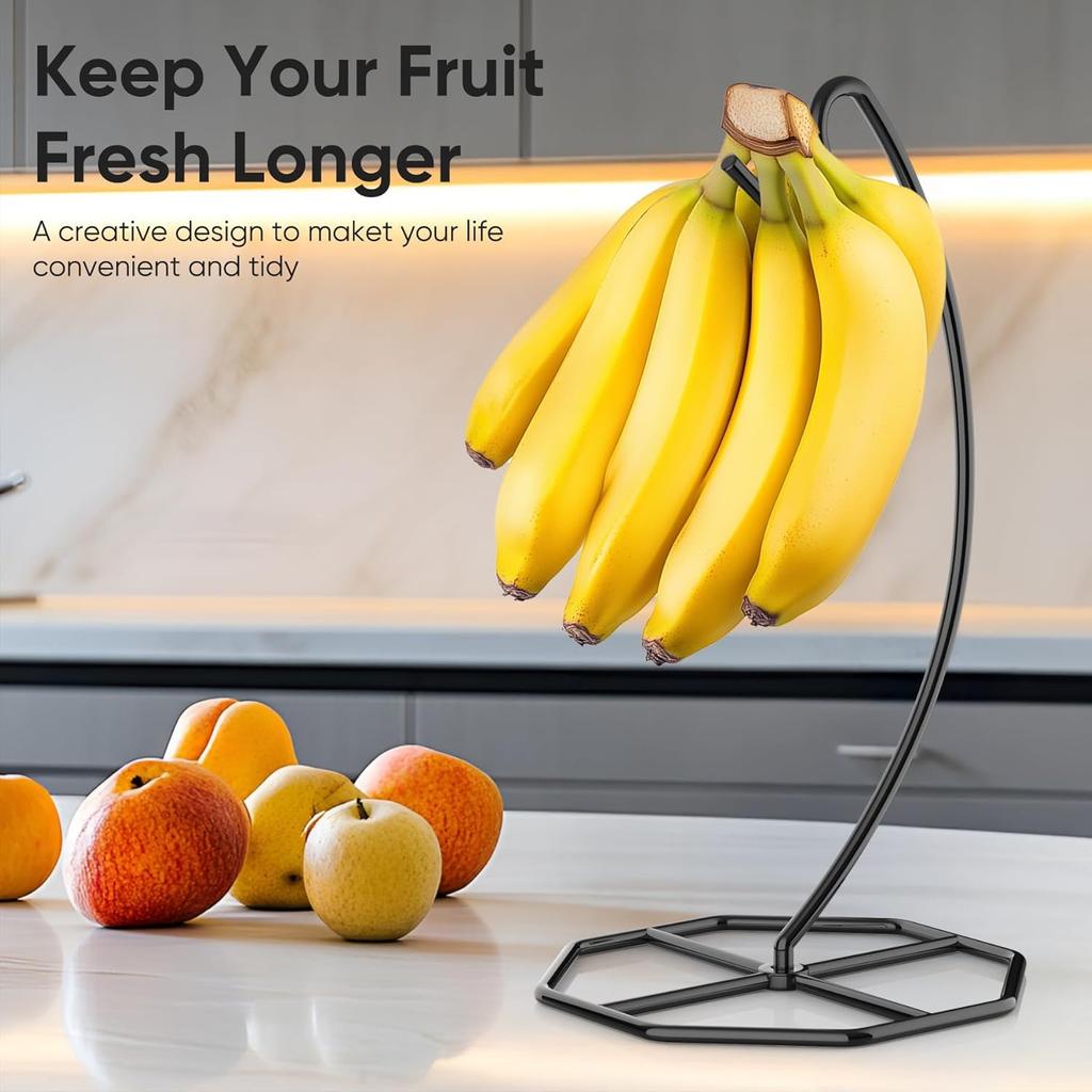 2 Pack Banana Hanger, Banana Tree Holder Metal, Banana Stand Holder, Holds Up to 15LB Banana or Grape, Banana Rack for Kitchen Counter, Black