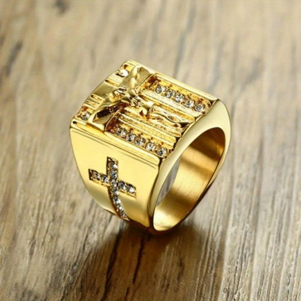 Men's Golden Silvery Jesus Prayer Cross Premium Ring