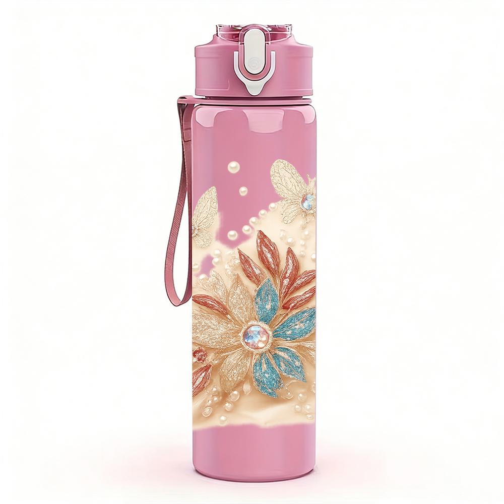 1PC Soft Dried Floral Bouquet 750ml Color Plastic Sports Water Bottle Leakproof Flip Straw Lid For Sports Office Home Use