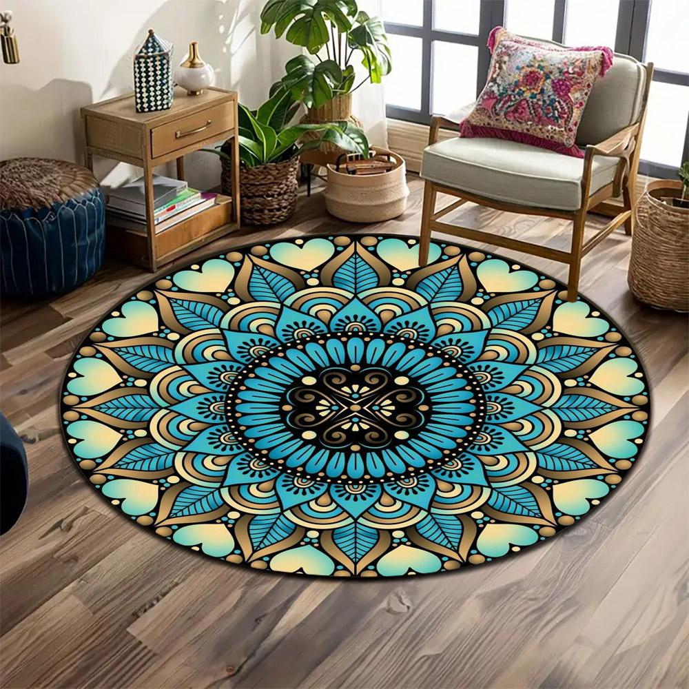 Mandala Pattern with Blue and Gold Accents Print round rug, living room, bedroom, playroom carpet, non slip floor mat, gift
