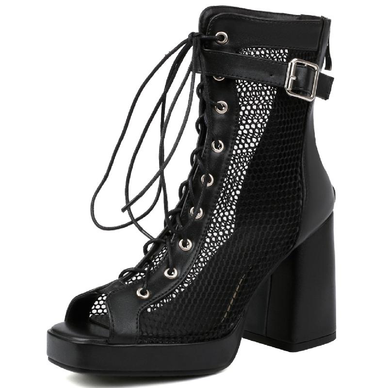 Summer Ankle Boots Women Shoes Black Beige High Heels Sexy Peep Toe Lace Up Short Boots Party Dance Shoes Ladies Large Size 45