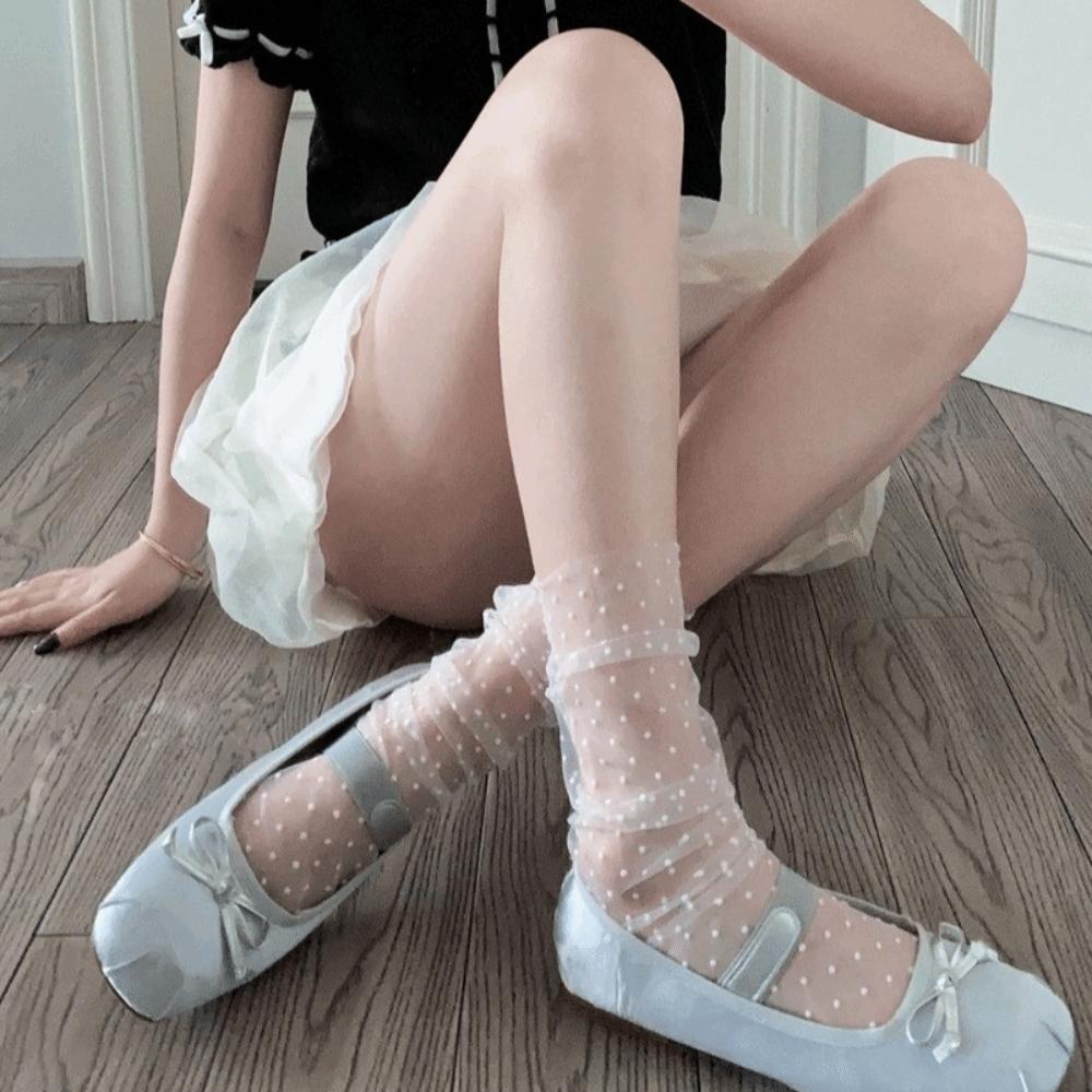 JK Mid Tube Socks Transparent Stacked Stockings Pile Up Socks Polka Dot Mesh Socks Student