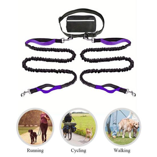 Поводок для собак с поясной сумкой, светоотражающий, выдвижной поводок для двух собак, поводок для бега без помощи рук с мягкими ручками, снаряжение для безопасной ночной ходьбы
