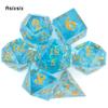 7 Pcs Blue Resin Golden Number Sharp Edge Dice Polyhedral Dice Suitable for Role-Playing RPG Board Game