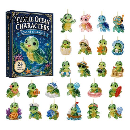 Ocean Turtle Hanging Ornaments 24 Days Advent Calendar, Blind Box, Christmas Acrylic Collectible Desk Animal Pendants for Tree And Holiday Party