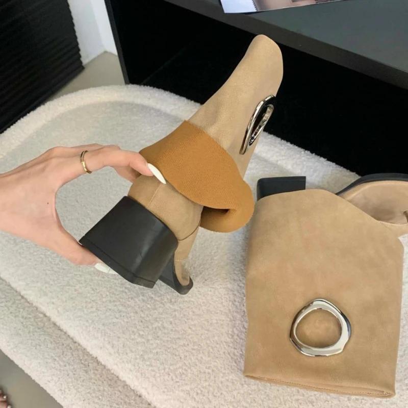 Мода Мода Металлическое Украшение Бренд Ботильоны Женские Высокое Качество Атласный Открытый Носок Современный Сапог Ретро Квадратный Носок Шлепанцы Летний Сапог