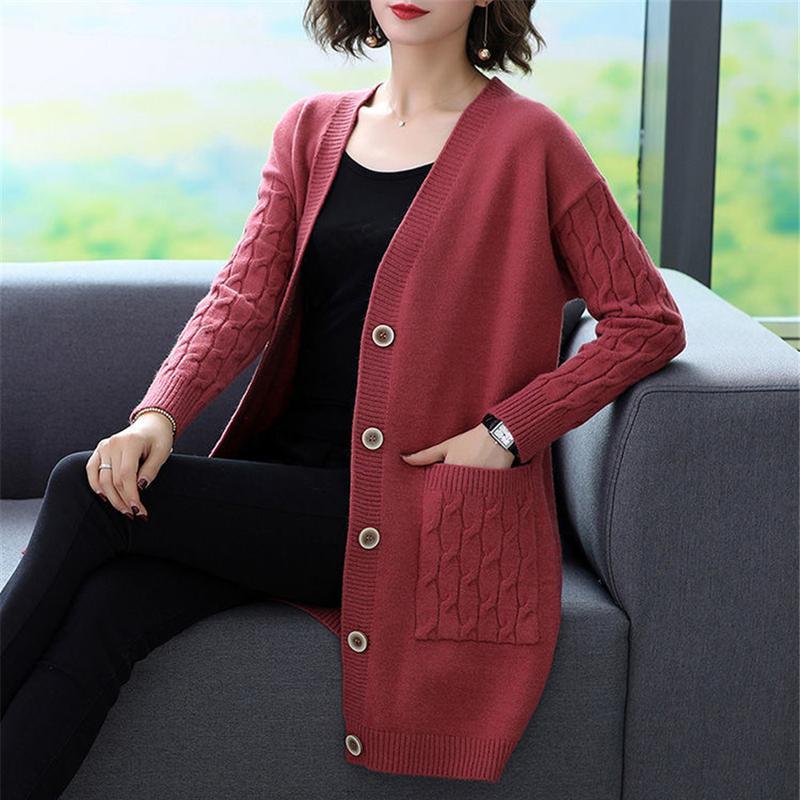 Весенне-осенний вязаный кардиган с v-образным вырезом, женский корейский свитер средней длины, элегантные пальто больших размеров 4xl, повседневная свободная трикотажная одежда, верхняя одежда