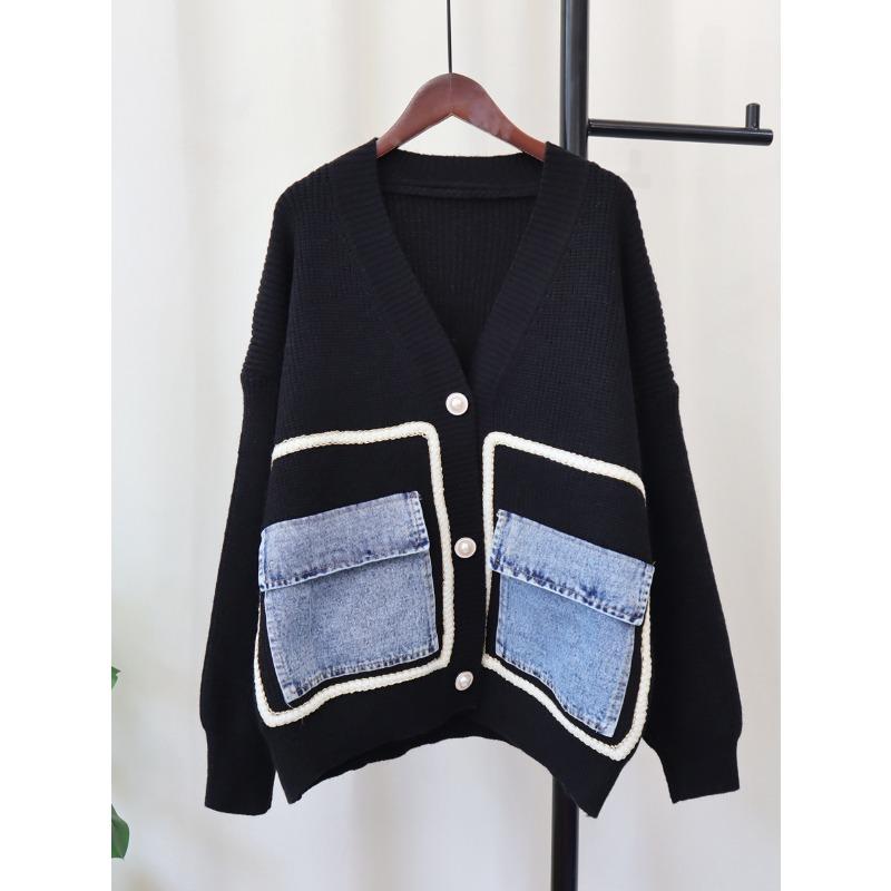 Осень и зима новый джинсовый кардиган с карманами, вязаный, свободного кроя, с темпераментом, универсальный свитер-куртка женский