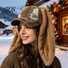 Girls Baseball Cap with Plush Rabbit Ears, Washed Distressed Peaked Hat for Winter, Long Bunny Ear Dance Party Show Festivals