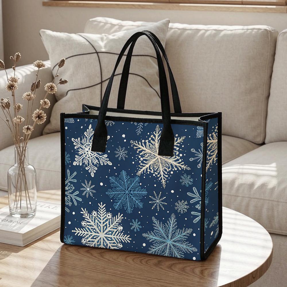 Winter Snowflake Pattern Tote Bag Large Capacity Casual Handbag for Shopping Daily Use Stylish Carryall Purse