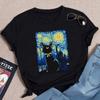 Van Gogh Starry Night Cat In The Print Fashion Soft Summer Women T-Shirt Art Painting Fashion Style Neck T Shirt